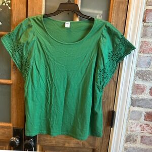 Old Navy Green Eyelet Sleeve Top T‎ Shirt Womens Medium Casual Cotton Blend